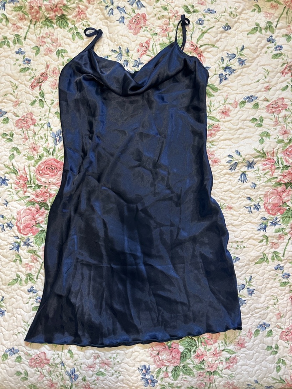 bebe navy satin slip dress with spaghetti straps